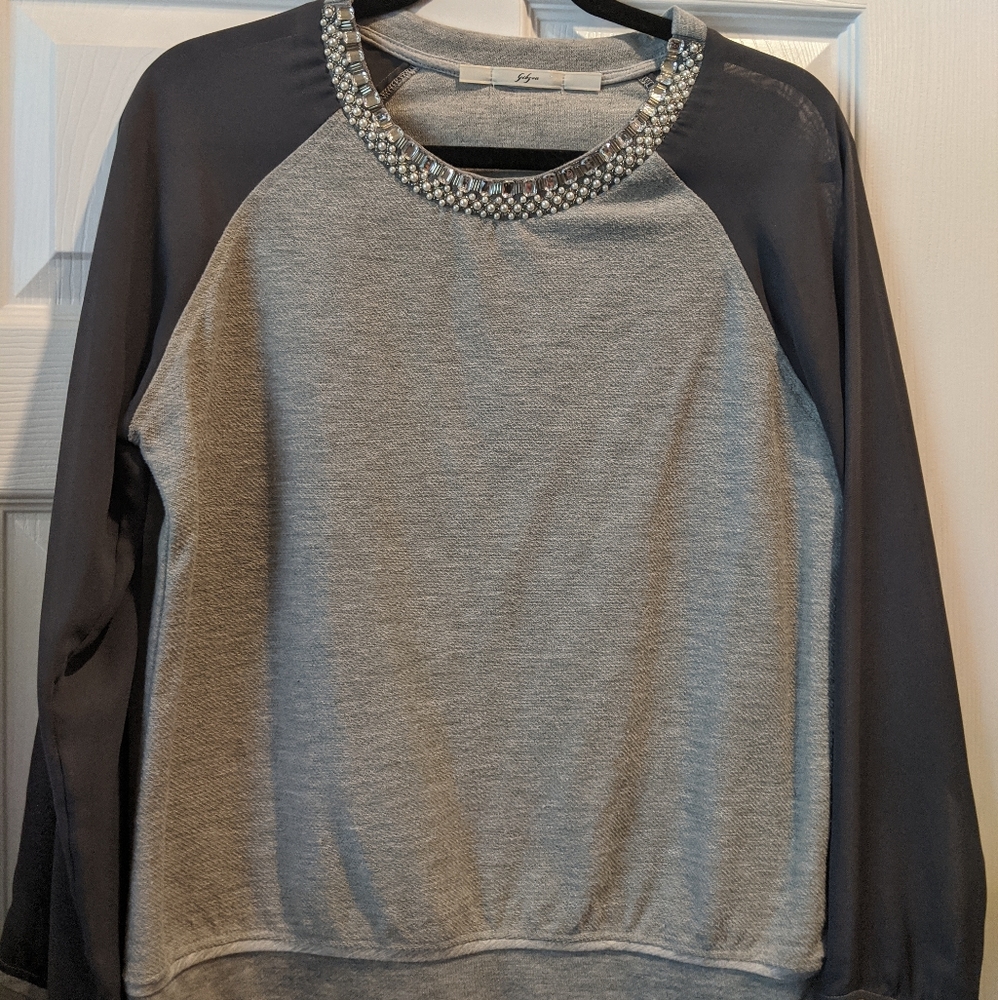 Gray embellished sweatshirt with sheer sleeves